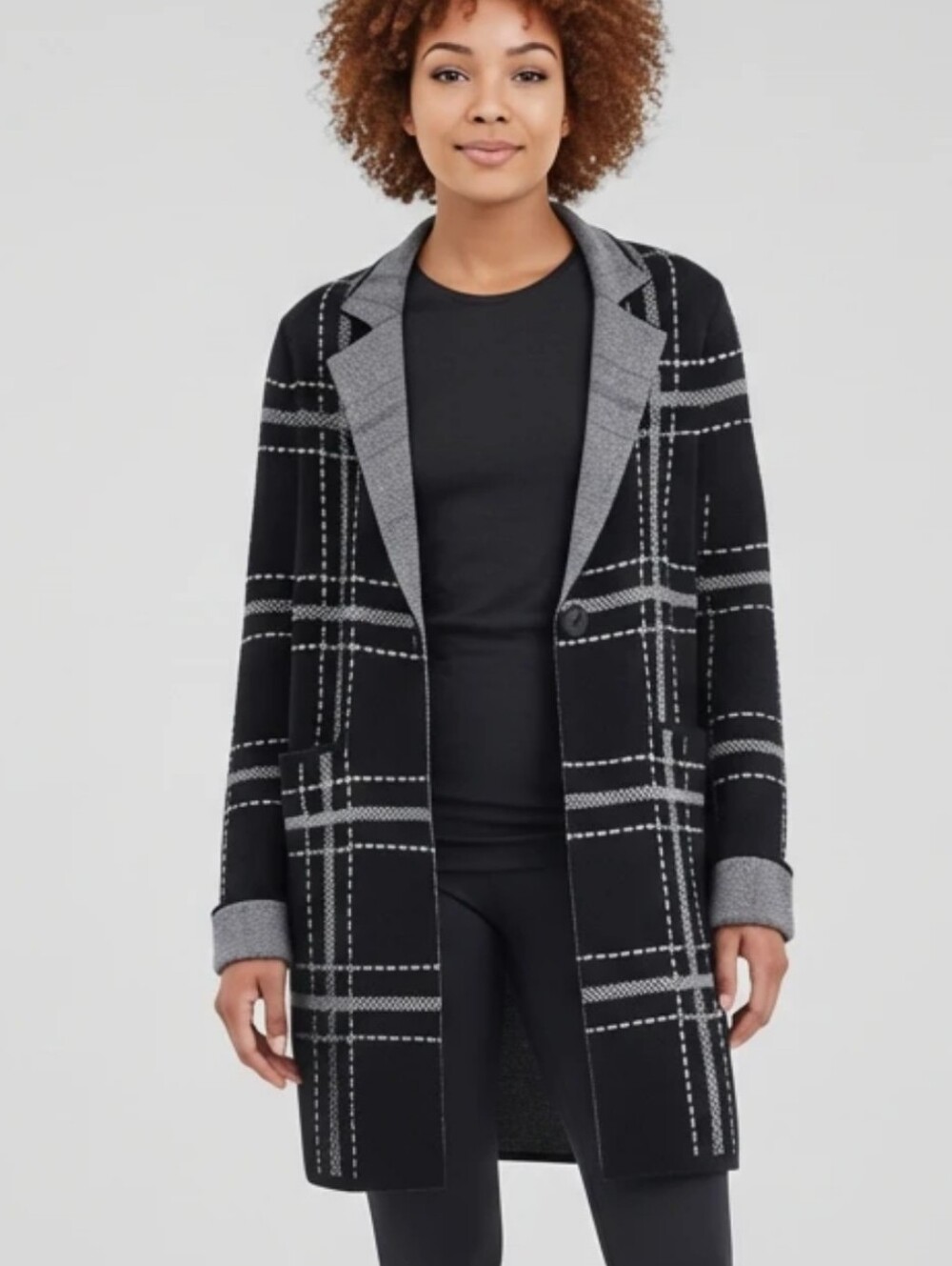 Ava Paige Womens XL Black White Windowpane Plaid Open Front Cardigan Sweater New